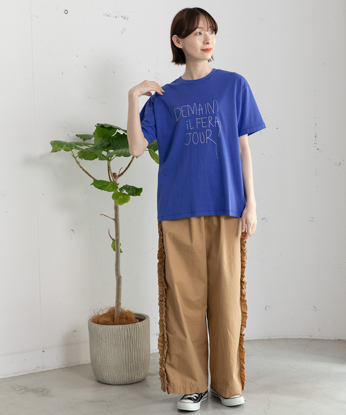 POU DOU DOU(プードゥドゥ)の「ロゴ刺繍Tシャツ(Tシャツ/カットソー・レディース・オフホワイト/ダークブルー/ピンク・M)」の12枚目の写真