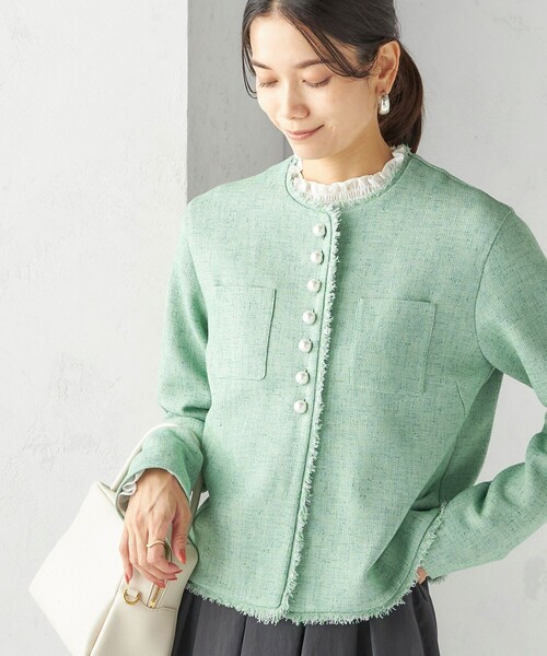 手洗い可能〉ストレッチ ツイード パール ボタン ジャケット（ノー