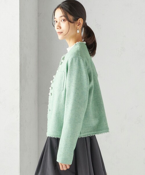 手洗い可能〉ストレッチ ツイード パール ボタン ジャケット