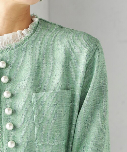 手洗い可能〉ストレッチ ツイード パール ボタン ジャケット（ノー