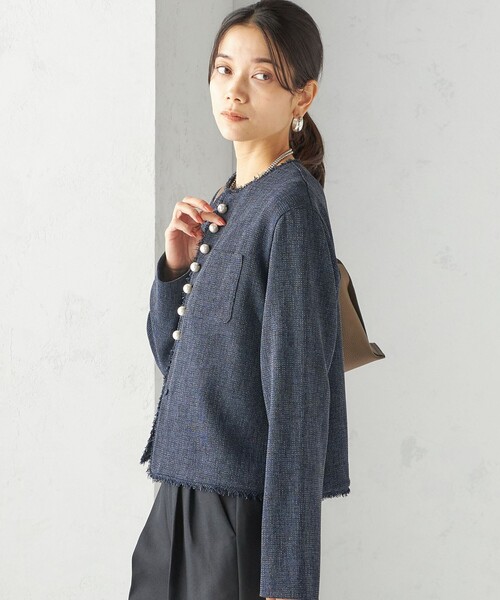 美品 SHIPS ツイード ジャケット ノーカラー パールボタン SHIPS ジャケット ノーカラージャケット 「手洗い可能
