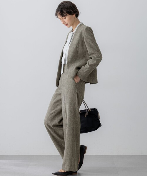 洗える】ウールライクカルゼ ノーカラー ジャケット（ノーカラー