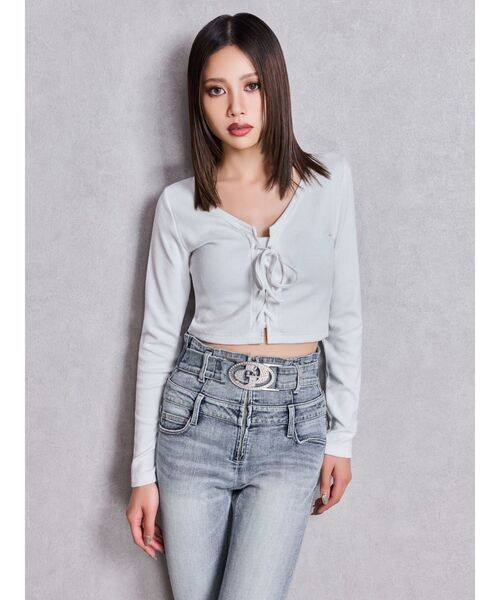 GYDA（ジェイダ）の「フロントレースアップショートトップス（Tシャツ/カットソー・レディース・グレー/オフホワイト/ブラック・FREE）」の7枚目の写真