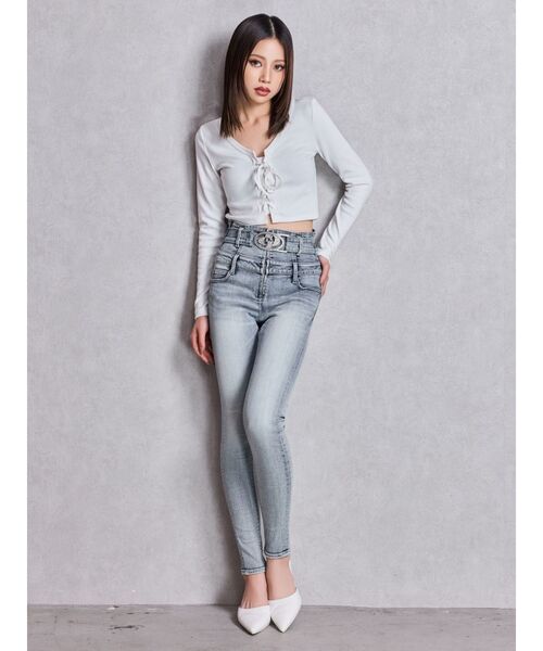 GYDA（ジェイダ）の「フロントレースアップショートトップス（Tシャツ/カットソー・レディース・グレー/オフホワイト/ブラック・FREE）」の10枚目の写真