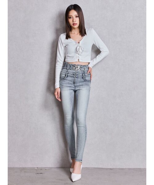 GYDA（ジェイダ）の「フロントレースアップショートトップス（Tシャツ/カットソー・レディース・グレー/オフホワイト/ブラック・FREE）」の11枚目の写真