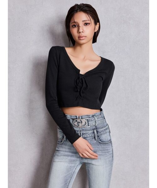 GYDA（ジェイダ）の「フロントレースアップショートトップス（Tシャツ/カットソー・レディース・グレー/オフホワイト/ブラック・FREE）」の14枚目の写真