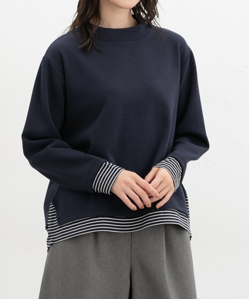 Honeys(ハニーズ)の「【ハニぽか・ハニぽか】レイヤード風トップス(スウェット・レディース・スミクロ/モカ/ネイビー/ライム・S/M/LL/L)」の1枚目の写真