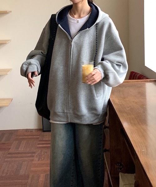 Aelina（エリナ）の「配色バーカー（パーカー・レディース・グレー/チャコールグレー/ネイビー・M/L/XL）」の9枚目の写真