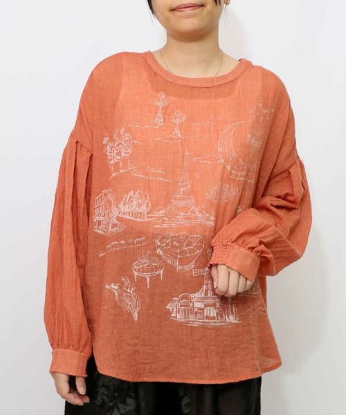 ScoLar（スカラー）の「ScoLar(スカラー) パリ柄ガーゼ 2WAYシャツプルオーバー（シャツ/ブラウス・レディース・ブラック/オレンジ・MEDIUM）」の14枚目の写真