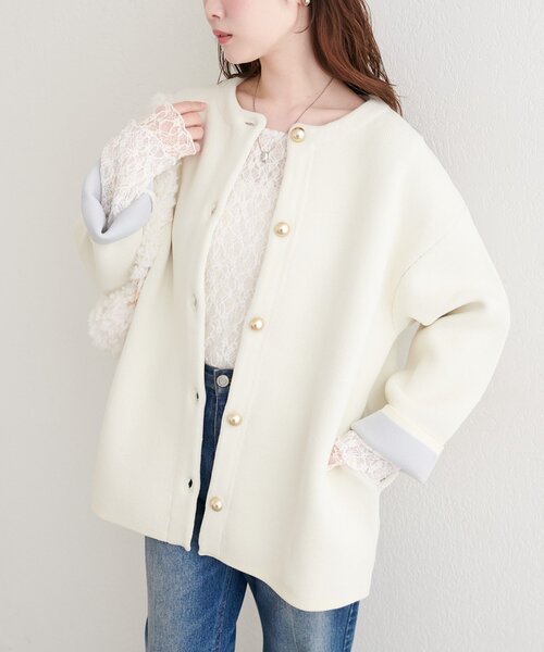 natural couture（ナチュラルクチュール）の「配色プレーティングポリニットカーデ（カーディガン/ボレロ・レディース・ベージュ/ネイビー/オフホワイト/チャコールグレー/サックスブルー・FREE）」の2枚目の写真