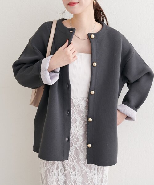 natural couture（ナチュラルクチュール）の「配色プレーティングポリニットカーデ（カーディガン/ボレロ・レディース・ベージュ/ネイビー/オフホワイト/チャコールグレー/サックスブルー・FREE）」の7枚目の写真