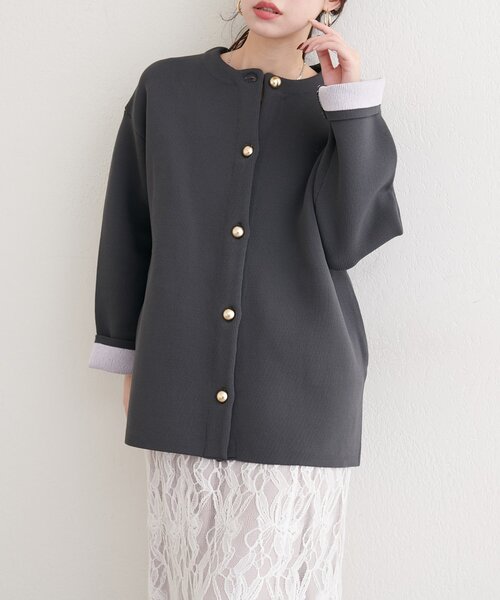 natural couture（ナチュラルクチュール）の「配色プレーティングポリニットカーデ（カーディガン/ボレロ・レディース・ベージュ/ネイビー/オフホワイト/チャコールグレー/サックスブルー・FREE）」の9枚目の写真