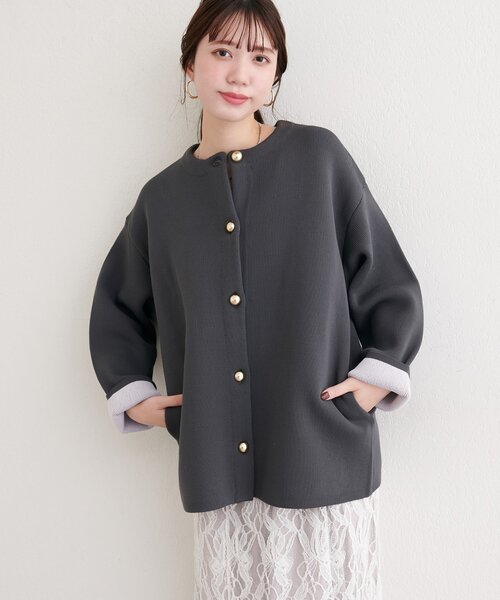 natural couture（ナチュラルクチュール）の「配色プレーティングポリニットカーデ（カーディガン/ボレロ・レディース・ベージュ/ネイビー/オフホワイト/チャコールグレー/サックスブルー・FREE）」の10枚目の写真