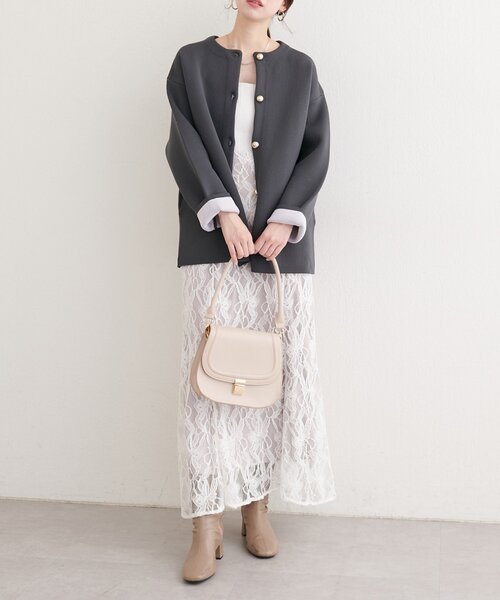 natural couture（ナチュラルクチュール）の「配色プレーティングポリニットカーデ（カーディガン/ボレロ・レディース・ベージュ/ネイビー/オフホワイト/チャコールグレー/サックスブルー・FREE）」の11枚目の写真