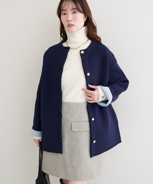 natural couture（ナチュラルクチュール）の「配色プレーティングポリニットカーデ（カーディガン/ボレロ・レディース・ベージュ/ネイビー/オフホワイト/チャコールグレー/サックスブルー・FREE）」の21枚目の写真