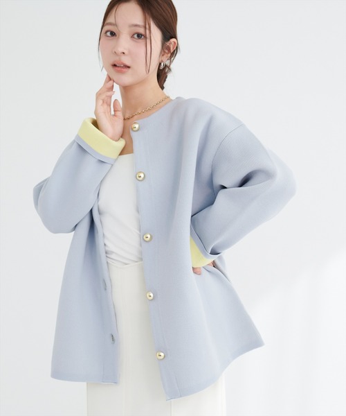 natural couture（ナチュラルクチュール）の「配色プレーティングポリニットカーデ（カーディガン/ボレロ・レディース・ベージュ/ネイビー/オフホワイト/チャコールグレー/サックスブルー・FREE）」の5枚目の写真