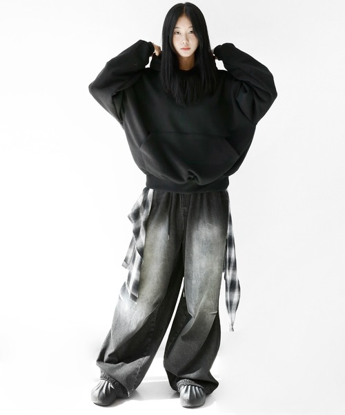 minsobi（ミンソビ）の「ドッキングレイヤードチェックパンツ（デニムパンツ・メンズ・ブラック・FREE）」の7枚目の写真