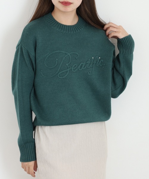 EGLANTINE(エグランティーヌ)の「EGLANTINE ロゴ加工ニット(ニット/セーター・レディース・オフホワイト/ブラック/グリーン・40)」の3枚目の写真