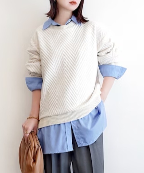 ikka(イッカ)の「【お得だ値】フクレ幾何ジャガードプルオーバー(Tシャツ/カットソー・レディース・チャコール/アイボリー/サックスブルー/ブラウン系その他・M/L/S)」の2枚目の写真