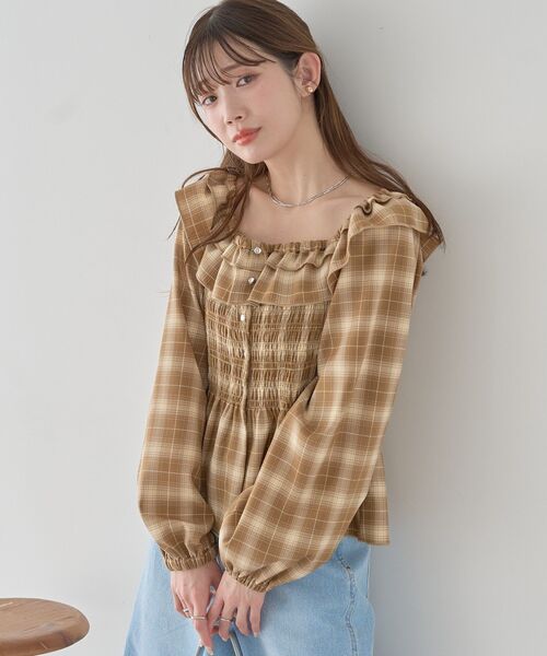 earth music&ecology(アースミュージックアンドエコロジー)の「【2026SS】チェックシャーリングブラウス(シャツ/ブラウス・レディース・グレー/ブラック/キャメル・FREE)」の9枚目の写真