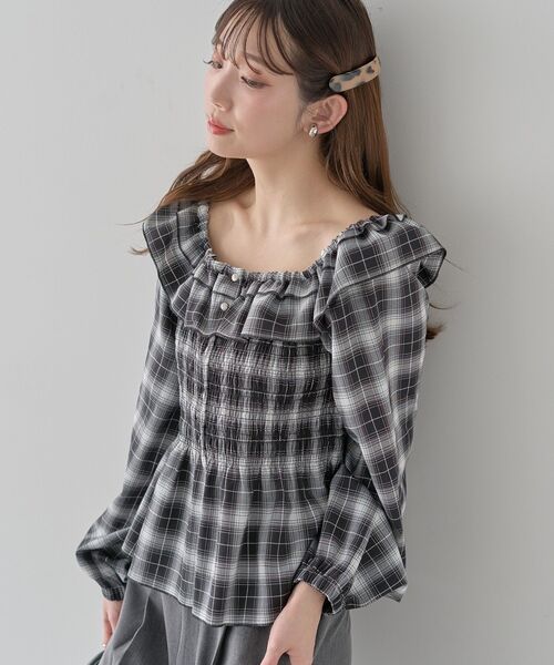 earth music&ecology(アースミュージックアンドエコロジー)の「【2026SS】チェックシャーリングブラウス(シャツ/ブラウス・レディース・グレー/ブラック/キャメル・FREE)」の15枚目の写真