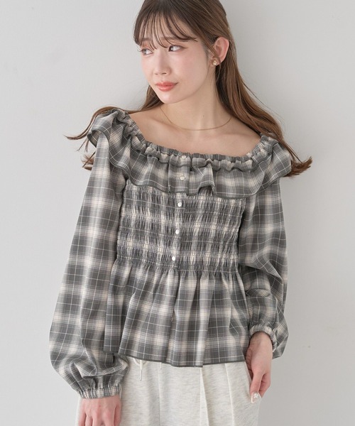 earth music&ecology(アースミュージックアンドエコロジー)の「【2026SS】チェックシャーリングブラウス(シャツ/ブラウス・レディース・グレー/ブラック/キャメル・FREE)」の2枚目の写真