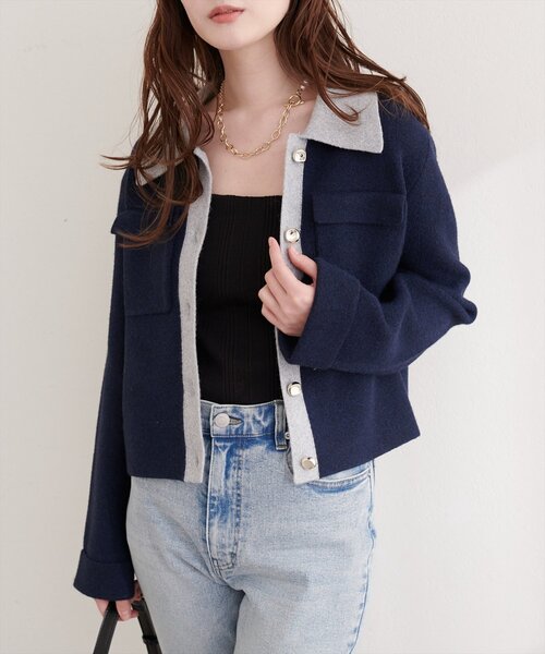 natural couture（ナチュラルクチュール）の「配色衿ニット羽織（カーディガン/ボレロ・レディース・ネイビー/グレー/ピンク・FREE）」の3枚目の写真