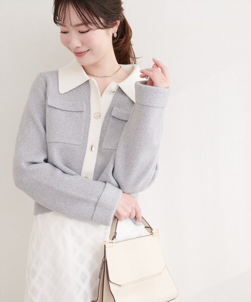 natural couture（ナチュラルクチュール）の「配色衿ニット羽織（カーディガン/ボレロ・レディース・ネイビー/グレー/ピンク・FREE）」の2枚目の写真