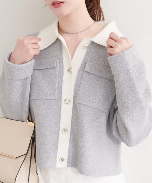 natural couture（ナチュラルクチュール）の「配色衿ニット羽織（カーディガン/ボレロ・レディース・ネイビー/グレー/ピンク・FREE）」の11枚目の写真