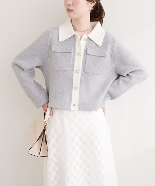 natural couture（ナチュラルクチュール）の「配色衿ニット羽織（カーディガン/ボレロ・レディース・ネイビー/グレー/ピンク・FREE）」の12枚目の写真