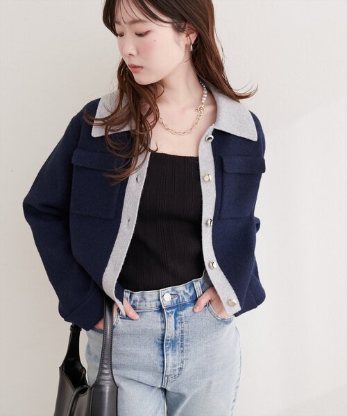 natural couture（ナチュラルクチュール）の「配色衿ニット羽織（カーディガン/ボレロ・レディース・ネイビー/グレー/ピンク・FREE）」の17枚目の写真