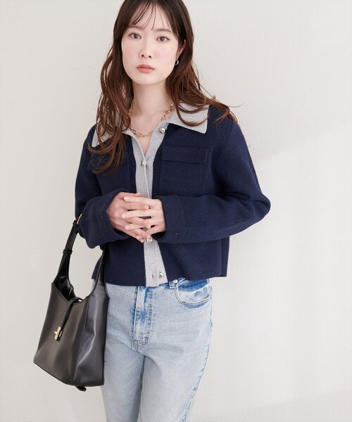 natural couture（ナチュラルクチュール）の「配色衿ニット羽織（カーディガン/ボレロ・レディース・ネイビー/グレー/ピンク・FREE）」の18枚目の写真