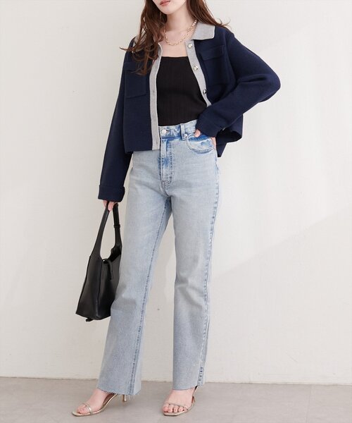 natural couture（ナチュラルクチュール）の「配色衿ニット羽織（カーディガン/ボレロ・レディース・ネイビー/グレー/ピンク・FREE）」の4枚目の写真