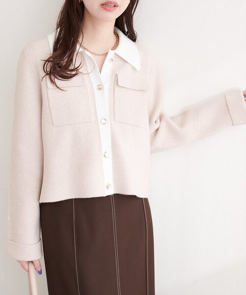 natural couture（ナチュラルクチュール）の「配色衿ニット羽織（カーディガン/ボレロ・レディース・ネイビー/グレー/ピンク・FREE）」の6枚目の写真