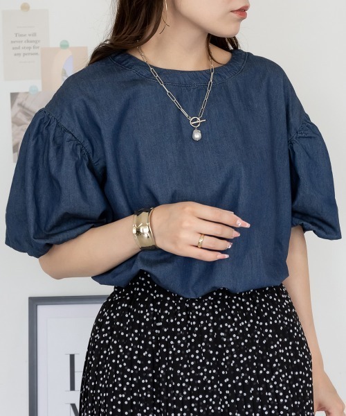 aity（アイティ）の「M-5L パフスリーブ デニム半袖シャツ（Tシャツ/カットソー・レディース・ワンウォッシュ/ネイビー・M～Ｌ/LL～3L/4L～5L）」の3枚目の写真