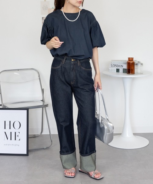 aity（アイティ）の「M-5L パフスリーブ デニム半袖シャツ（Tシャツ/カットソー・レディース・ワンウォッシュ/ネイビー・M～Ｌ/LL～3L/4L～5L）」の11枚目の写真