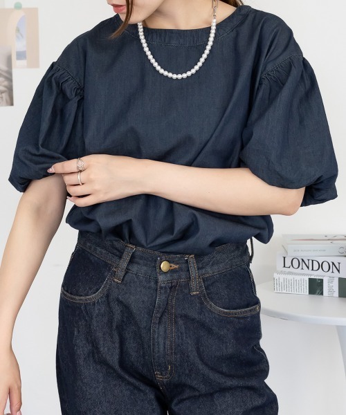 aity（アイティ）の「M-5L パフスリーブ デニム半袖シャツ（Tシャツ/カットソー・レディース・ワンウォッシュ/ネイビー・M～Ｌ/LL～3L/4L～5L）」の14枚目の写真