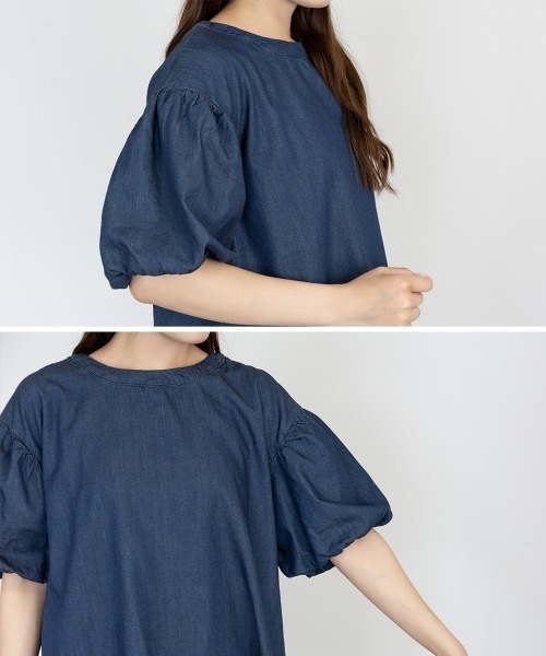 aity（アイティ）の「M-5L パフスリーブ デニム半袖シャツ（Tシャツ/カットソー・レディース・ワンウォッシュ/ネイビー・M～Ｌ/LL～3L/4L～5L）」の19枚目の写真