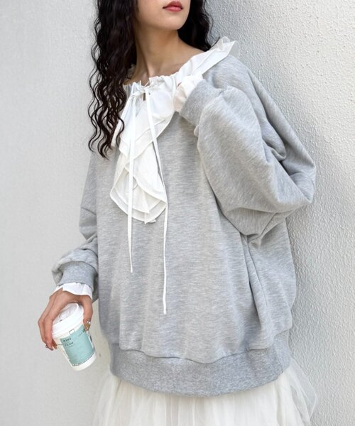 w closet（ダブルクローゼット）の「レースアップスウェット（Tシャツ/カットソー・レディース・オフホワイト/ブルー/グレー/ネイビー・FREE）」の2枚目の写真