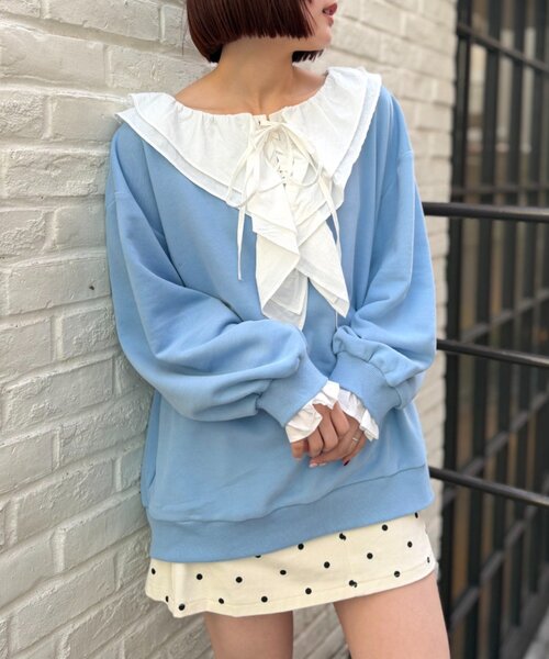 w closet（ダブルクローゼット）の「レースアップスウェット（Tシャツ/カットソー・レディース・オフホワイト/ブルー/グレー/ネイビー・FREE）」の4枚目の写真