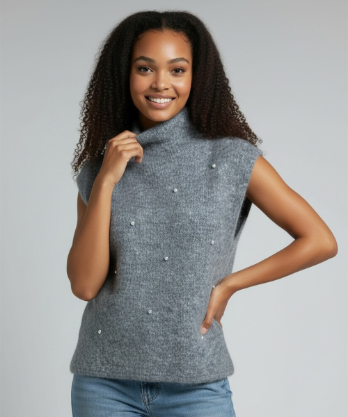 BORN SLIPPY(ボーンスリッピー)の「Snow Pearl Stud High-Neck Knit Vest (Gray)(ベスト・レディース・その他・FREE)」の1枚目の写真
