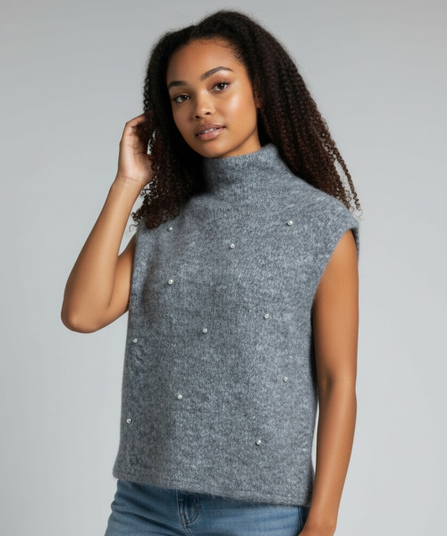 BORN SLIPPY(ボーンスリッピー)の「Snow Pearl Stud High-Neck Knit Vest (Gray)(ベスト・レディース・その他・FREE)」の2枚目の写真