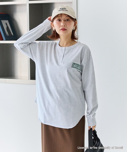 GOOD ROCK SPEED(グッドロックスピード)の「【GOOD ROCK SPEED】カレッジ ヘンリーネックロンT(Tシャツ/カットソー・レディース・ネイビー/グレー・F)」の3枚目の写真