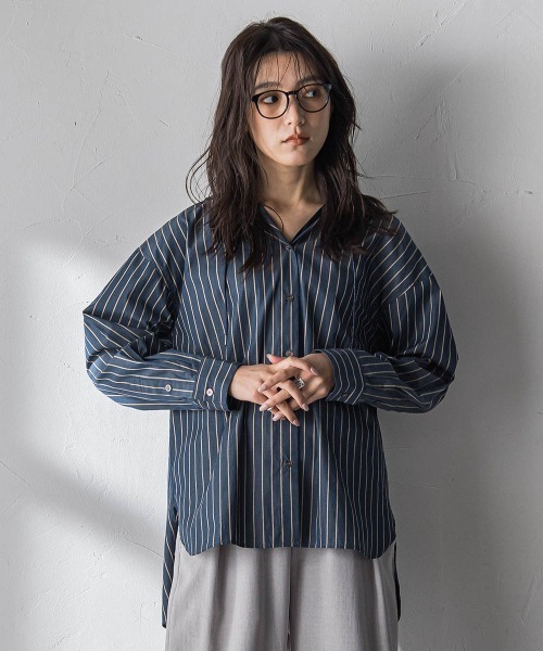 MAYSON GREY(メイソングレイ)の「ストライプフーディオーバーシャツ≪手洗い可能≫(シャツ/ブラウス・レディース・ブルー系その他/ピンク系その他/ダークネイビー・M)」の3枚目の写真