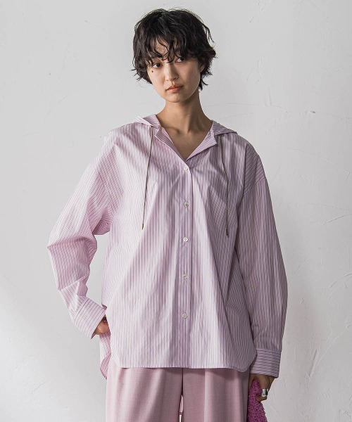 MAYSON GREY(メイソングレイ)の「ストライプフーディオーバーシャツ≪手洗い可能≫(シャツ/ブラウス・レディース・ブルー系その他/ピンク系その他/ダークネイビー・M)」の10枚目の写真