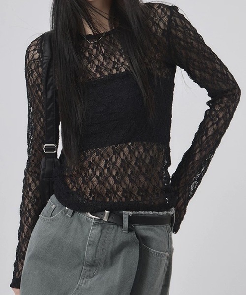 Mela(メラ)の「シースルーレース フィットロングトップス(Tシャツ/カットソー・レディース・ブラック/ホワイト・FREE)」の1枚目の写真