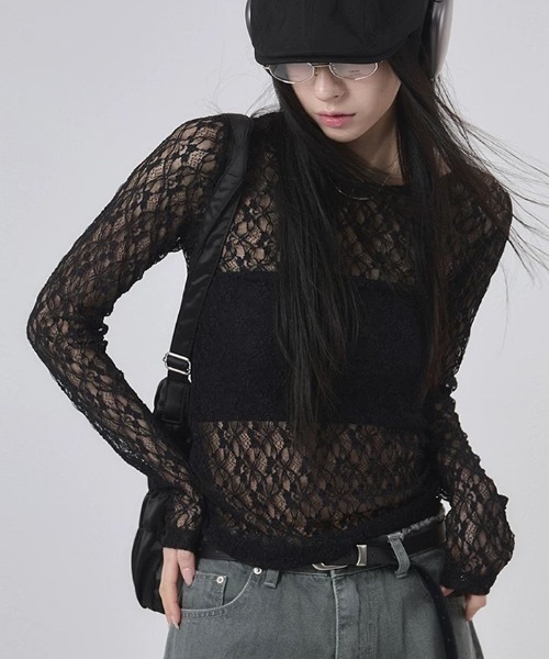 Mela(メラ)の「シースルーレース フィットロングトップス(Tシャツ/カットソー・レディース・ブラック/ホワイト・FREE)」の14枚目の写真