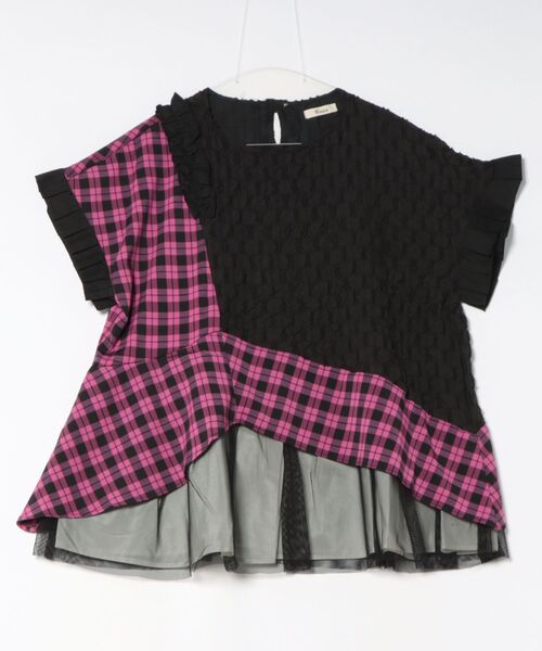 unica(ユニカ)の「チェックヘムプリーツレイヤードブラウス laides(シャツ/ブラウス・レディース・ブラック×グリーン/ブラック×ピンク・F)」の2枚目の写真