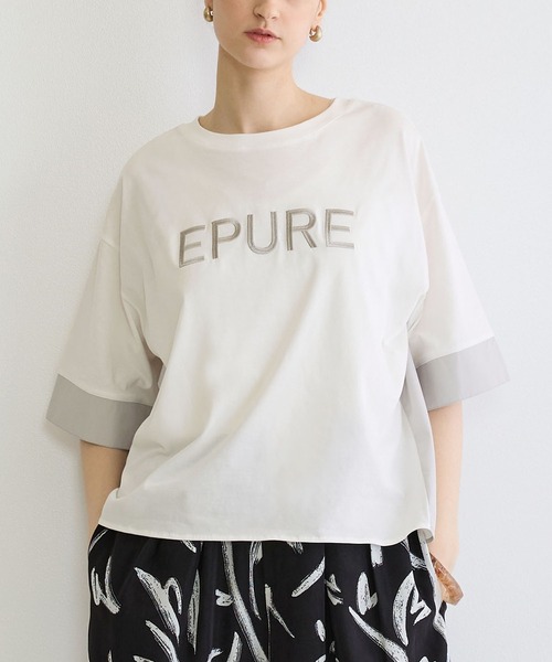 NICOLE white（ニコルホワイト）の「異素材使いプリントTシャツ（Tシャツ/カットソー・レディース・チャコールグレー/オフホワイト/ブルー・FREE）」の2枚目の写真