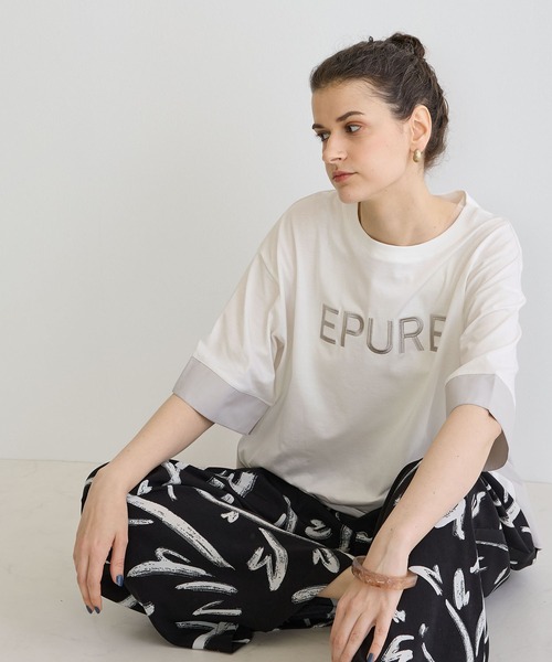 NICOLE white（ニコルホワイト）の「異素材使いプリントTシャツ（Tシャツ/カットソー・レディース・チャコールグレー/オフホワイト/ブルー・FREE）」の8枚目の写真
